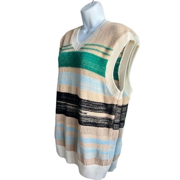 ZARA Ecru Shirt Vest Sleeveless V-neck Striped Multicolor Knit Size M - Picture 2 of 6
